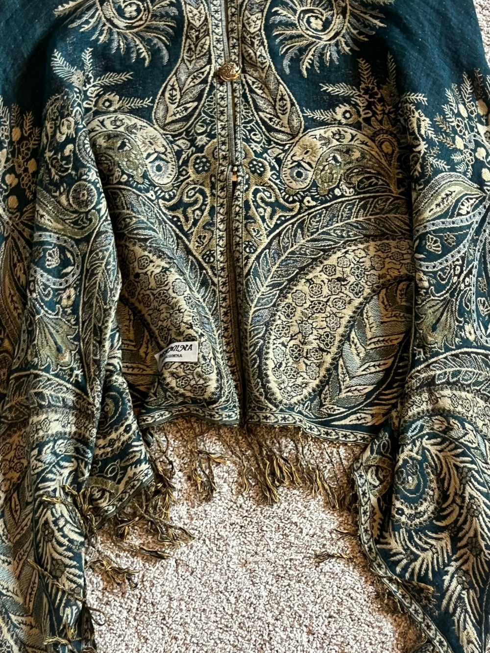100% Pashmina Jaquard Wrap Teal and Gold Woven Paisley Shawl - Picture 5 of 5